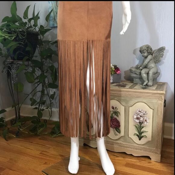 Hippie Boho Bohemian Faux Suede Fringe Skirt Sz S - Picture 9 of 9